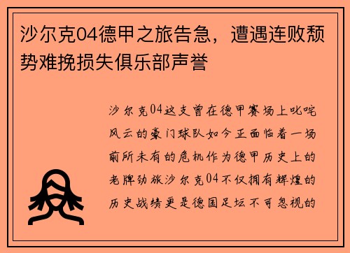 沙尔克04德甲之旅告急，遭遇连败颓势难挽损失俱乐部声誉