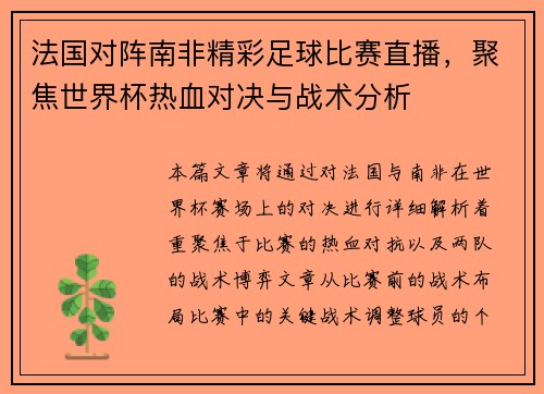 法国对阵南非精彩足球比赛直播，聚焦世界杯热血对决与战术分析